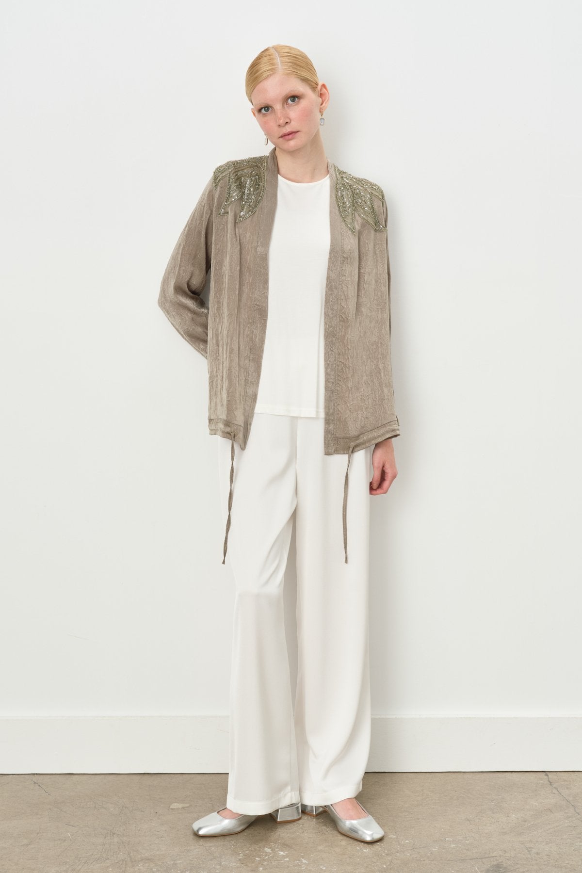 Relaxed Fit Satin Jacket with Blouse - Khaki