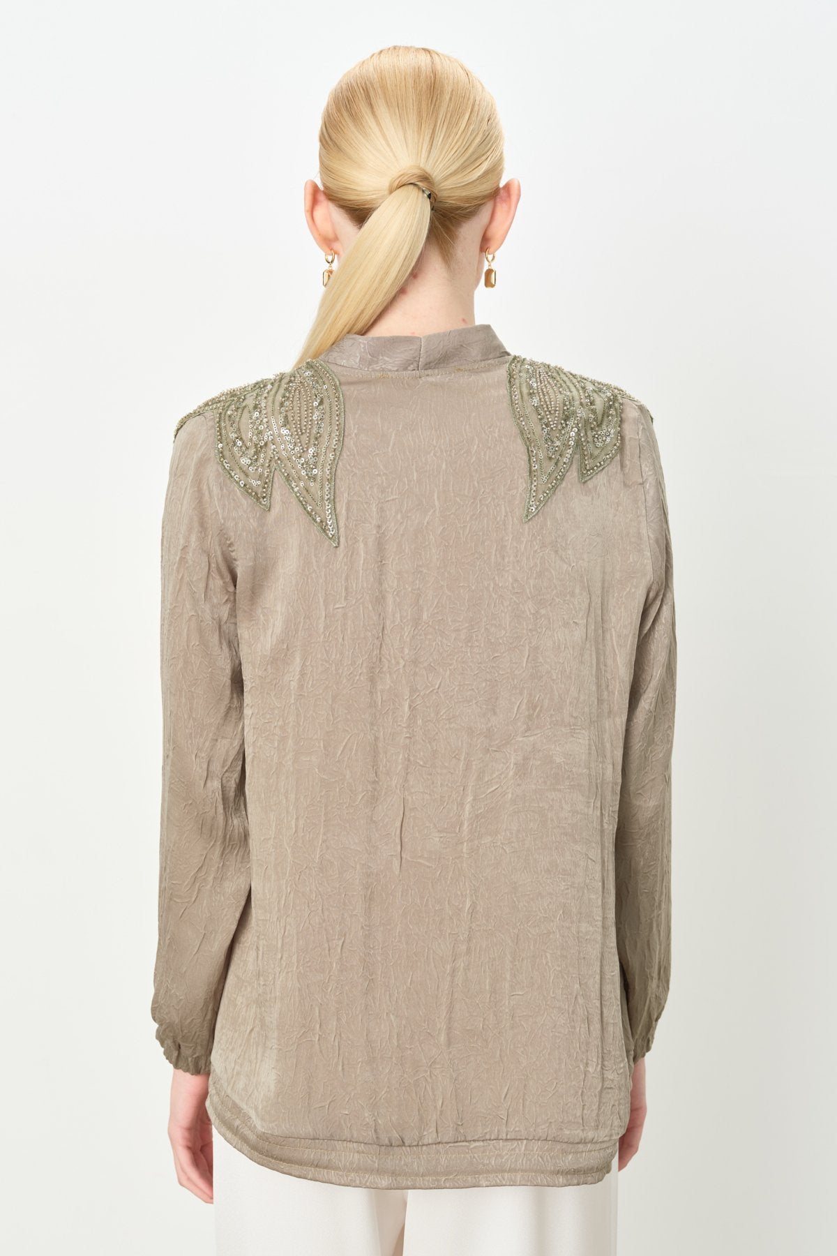 Relaxed Fit Satin Jacket with Blouse - Khaki