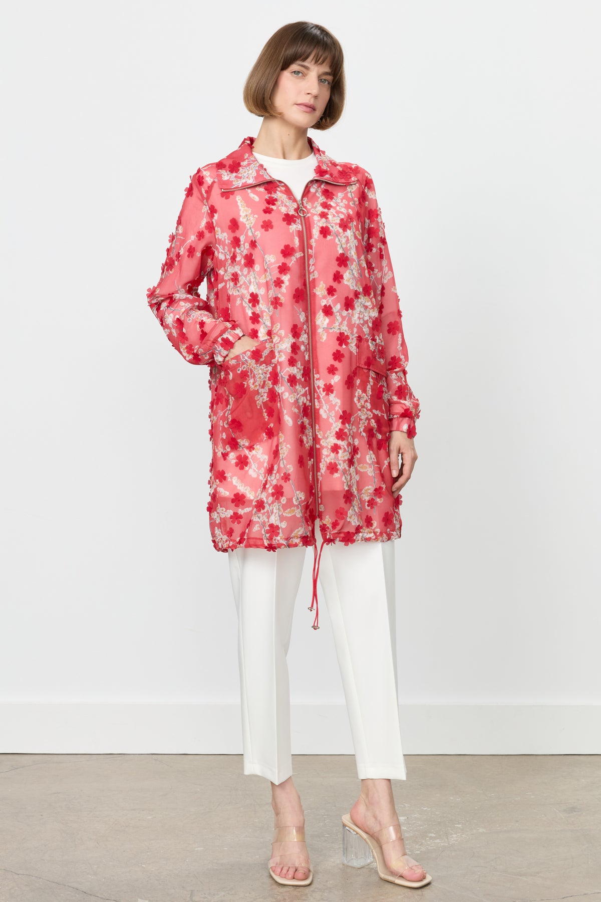 Relaxed Fit Patterned Organza Jacket - Red