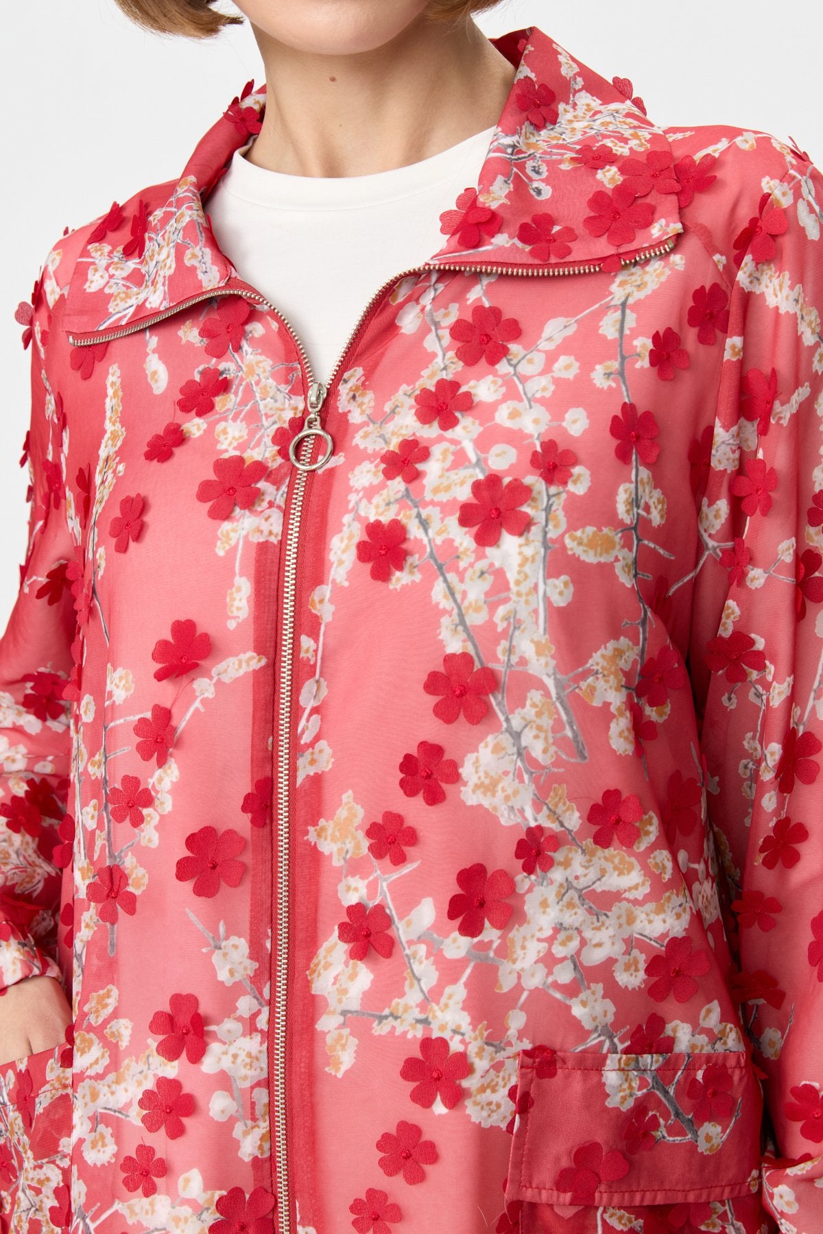 Relaxed Fit Patterned Organza Jacket - Red