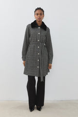 Relaxed Fit Belted Fur Collar Coat - Black