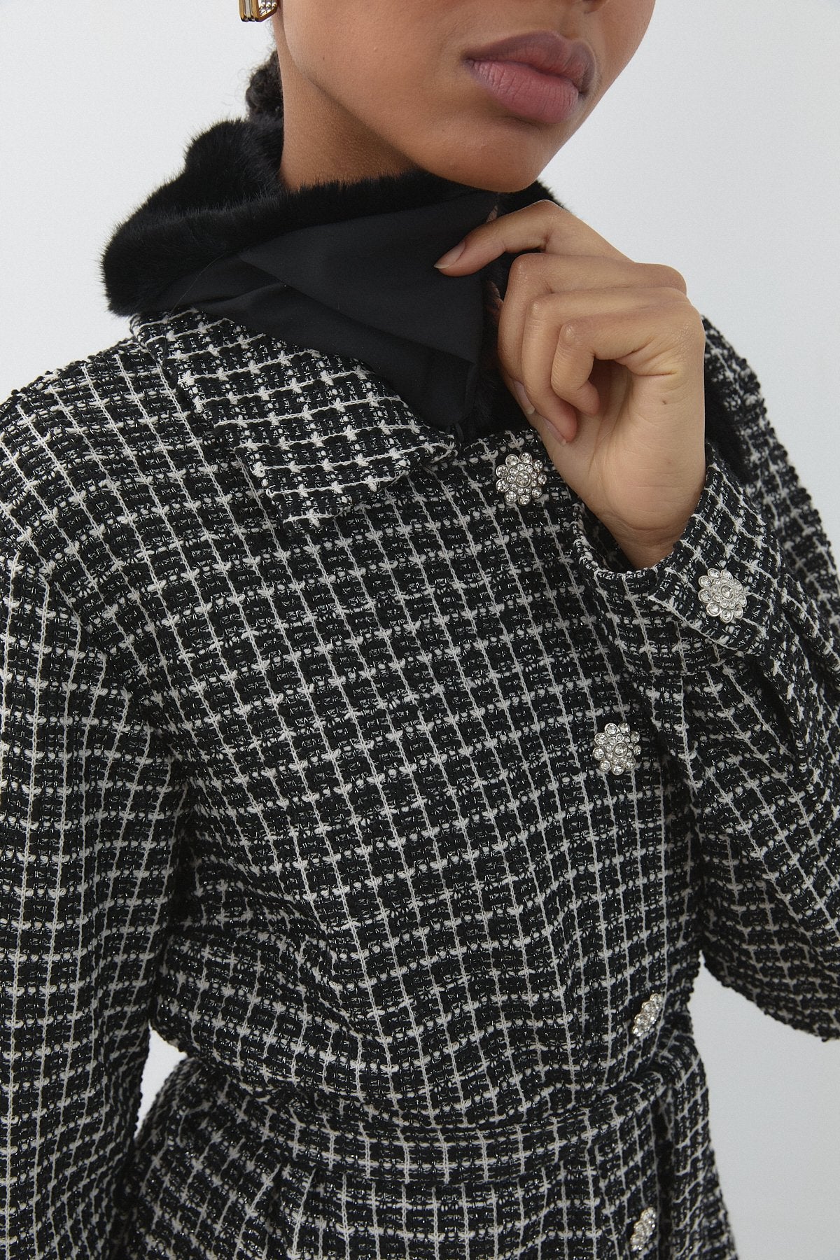 Relaxed Fit Belted Fur Collar Coat - Black