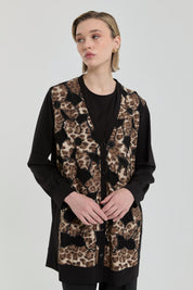 Rahat Kalıp Leopar Detaylı Rayon Hırka - Siyah