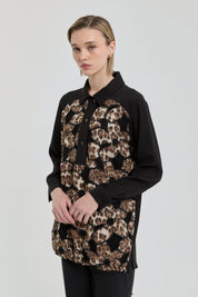 Relaxed Fit Tunic with Patterned Front - Black