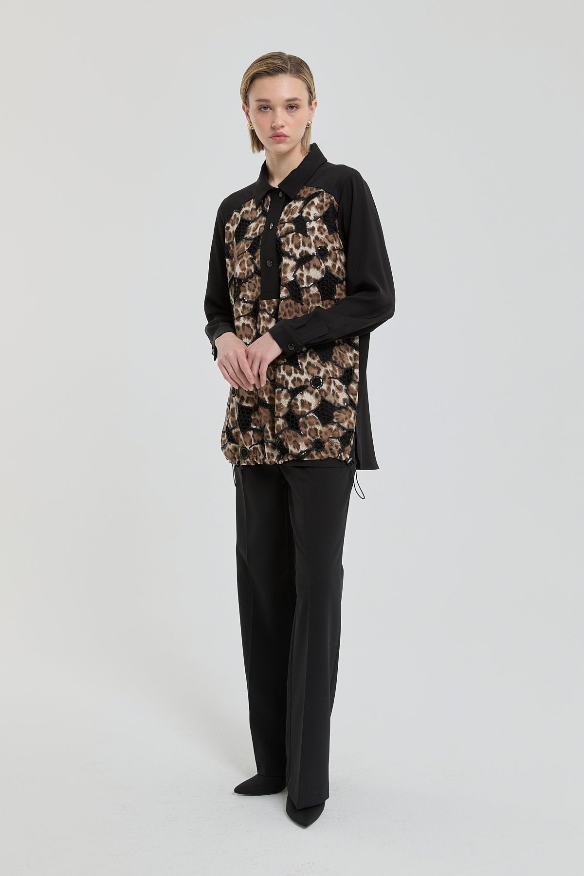 Relaxed Fit Tunic with Patterned Front - Black