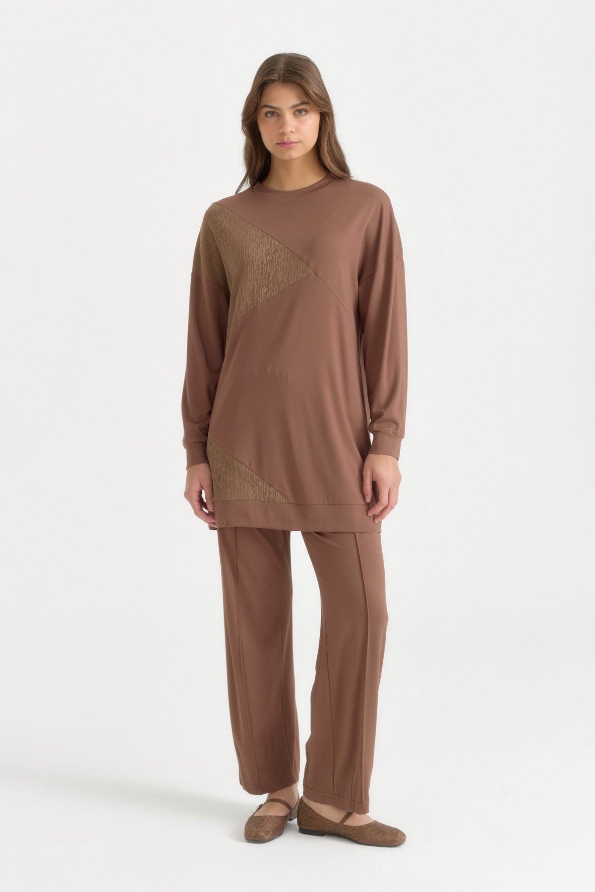 Rahat Kalıp Örme Pantolon rayon karışımlı Takım - Kahve