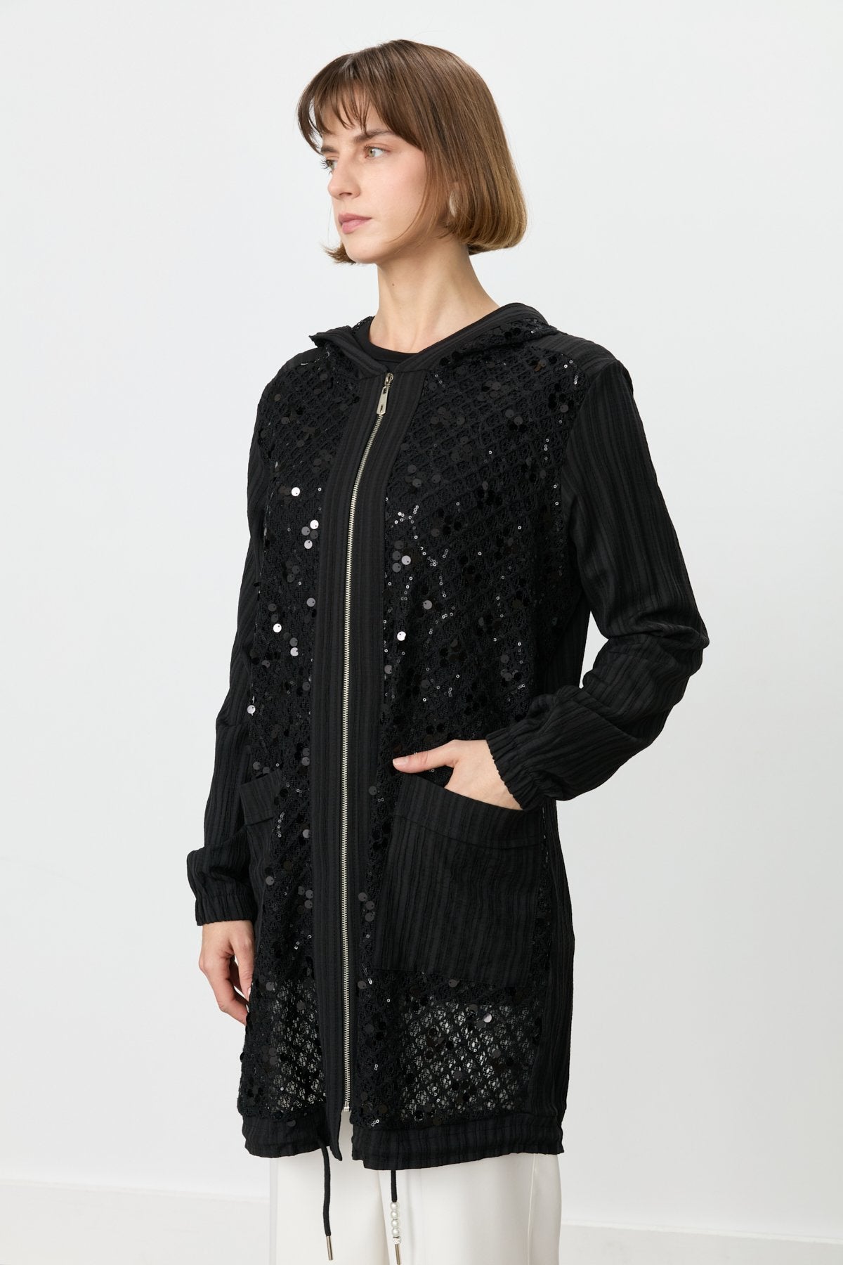Relaxed Fit Sequin Detail Coat - Black