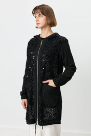 Relaxed Fit Sequin Detail Coat - Black