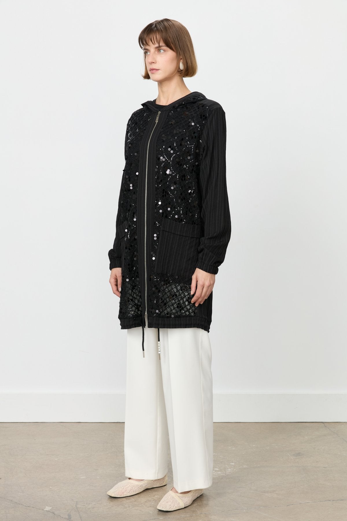 Relaxed Fit Sequin Detail Coat - Black