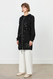 Relaxed Fit Sequin Detail Coat - Black