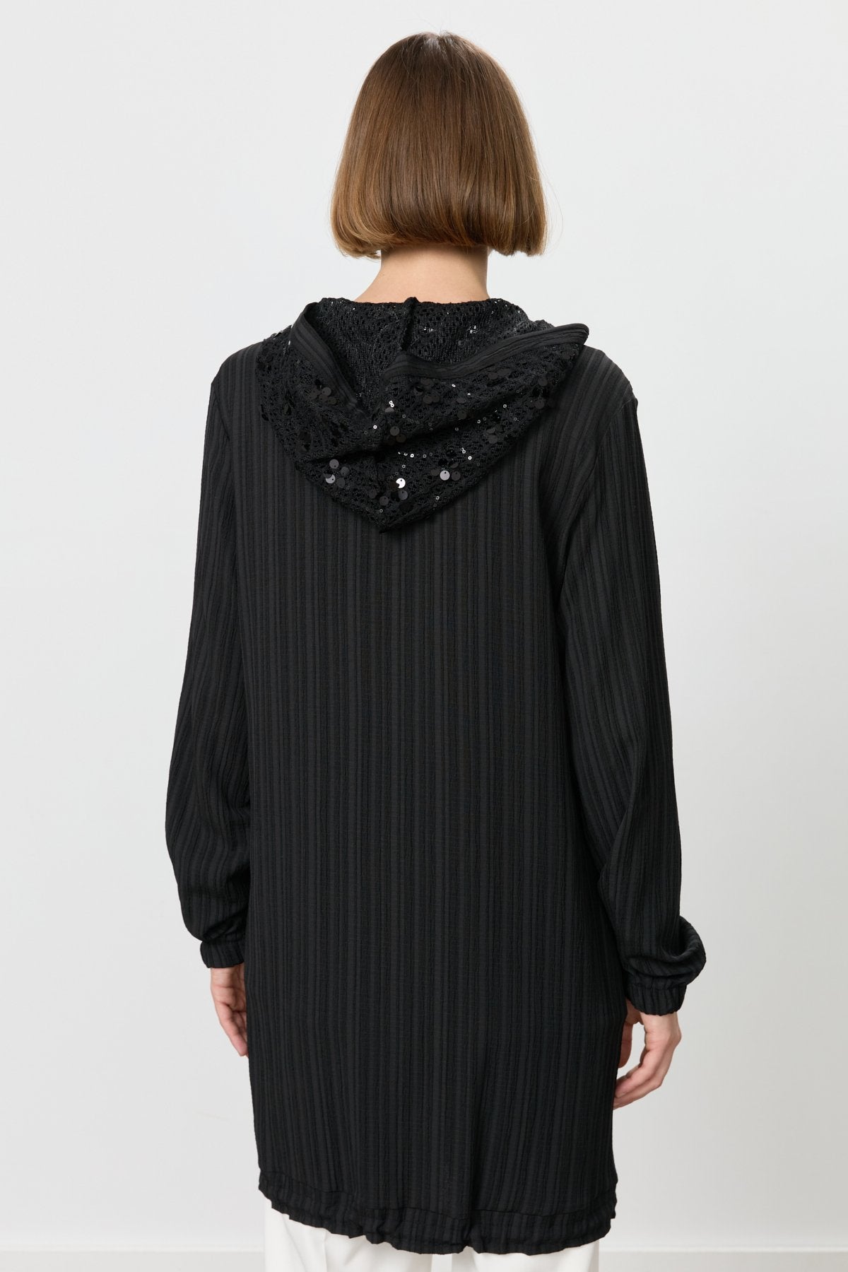 Relaxed Fit Sequin Detail Coat - Black