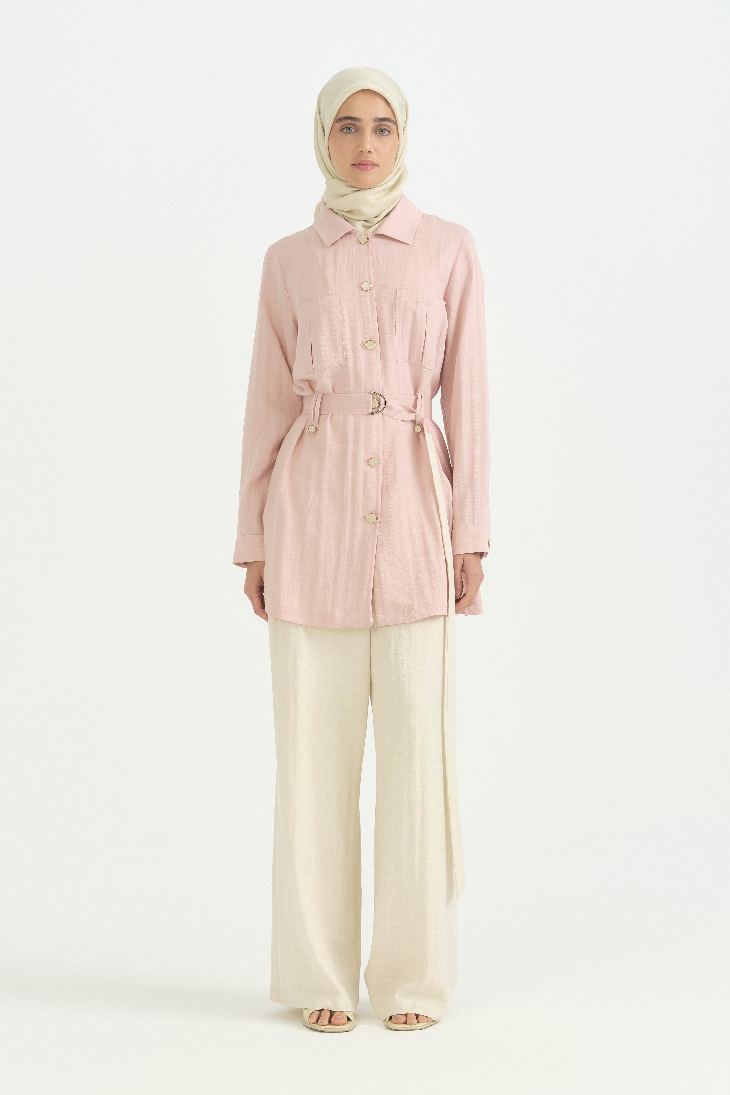 Rahat Kalıp Rayon Pantolon Tunik Takım - Pudra