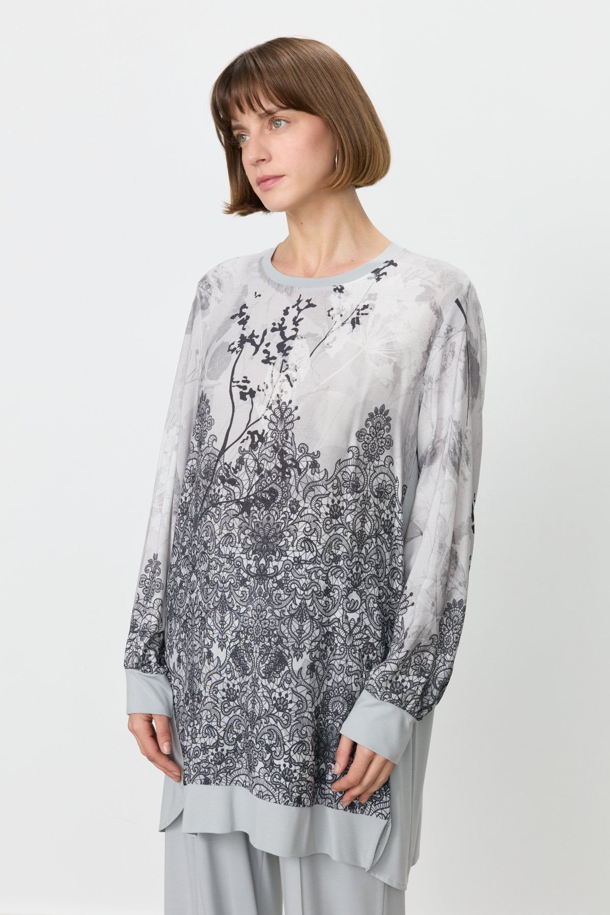 Relaxed Fit Viscose Pants and Tunic Set - Grey
