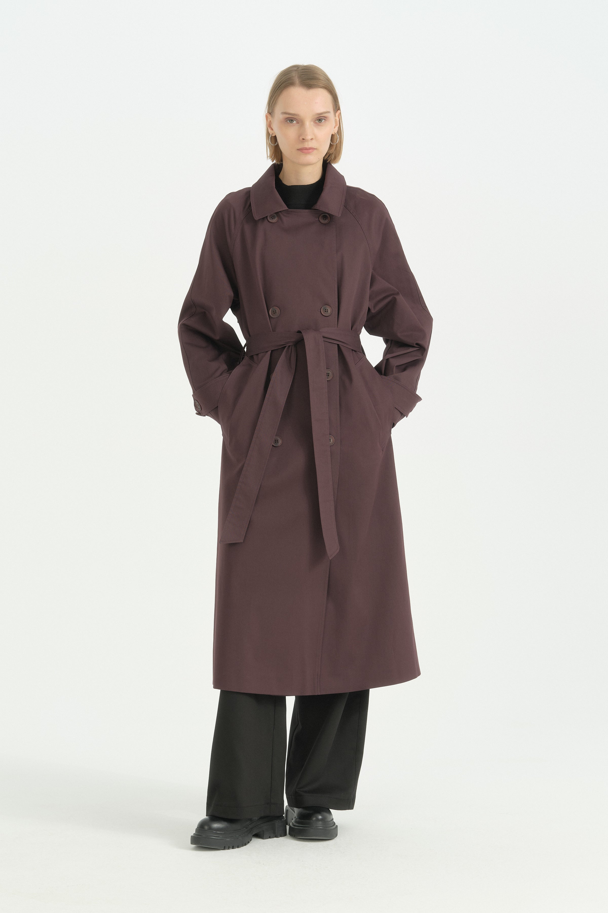 Reglan Kol Rüzgarlık Detaylı Trençkot - Mürdüm