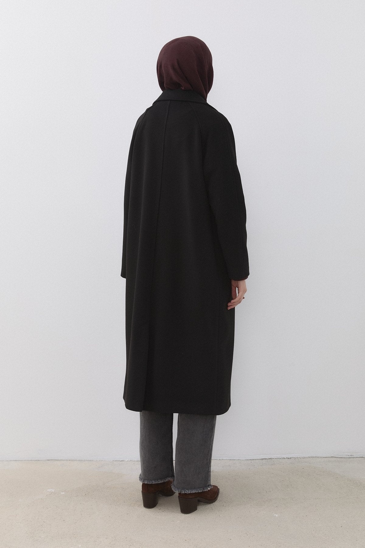 Reglan Kollu Kruvaze Kaban - Siyah