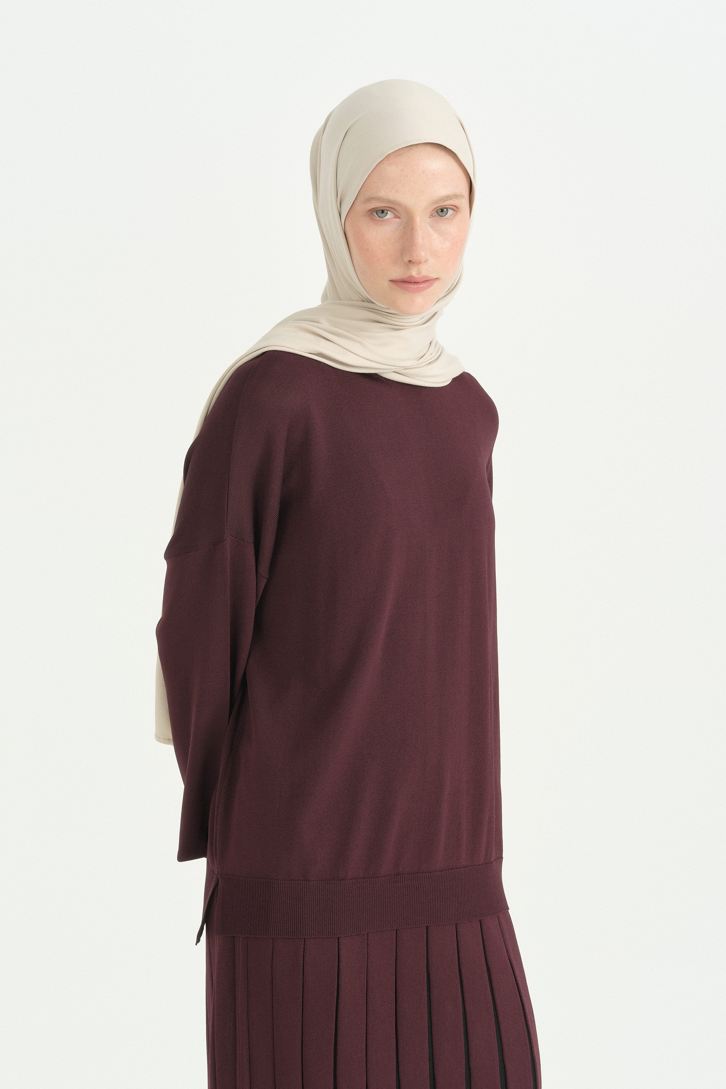 Renk Bloklu Etek Bluz Rayon Triko Takım - Mürdüm