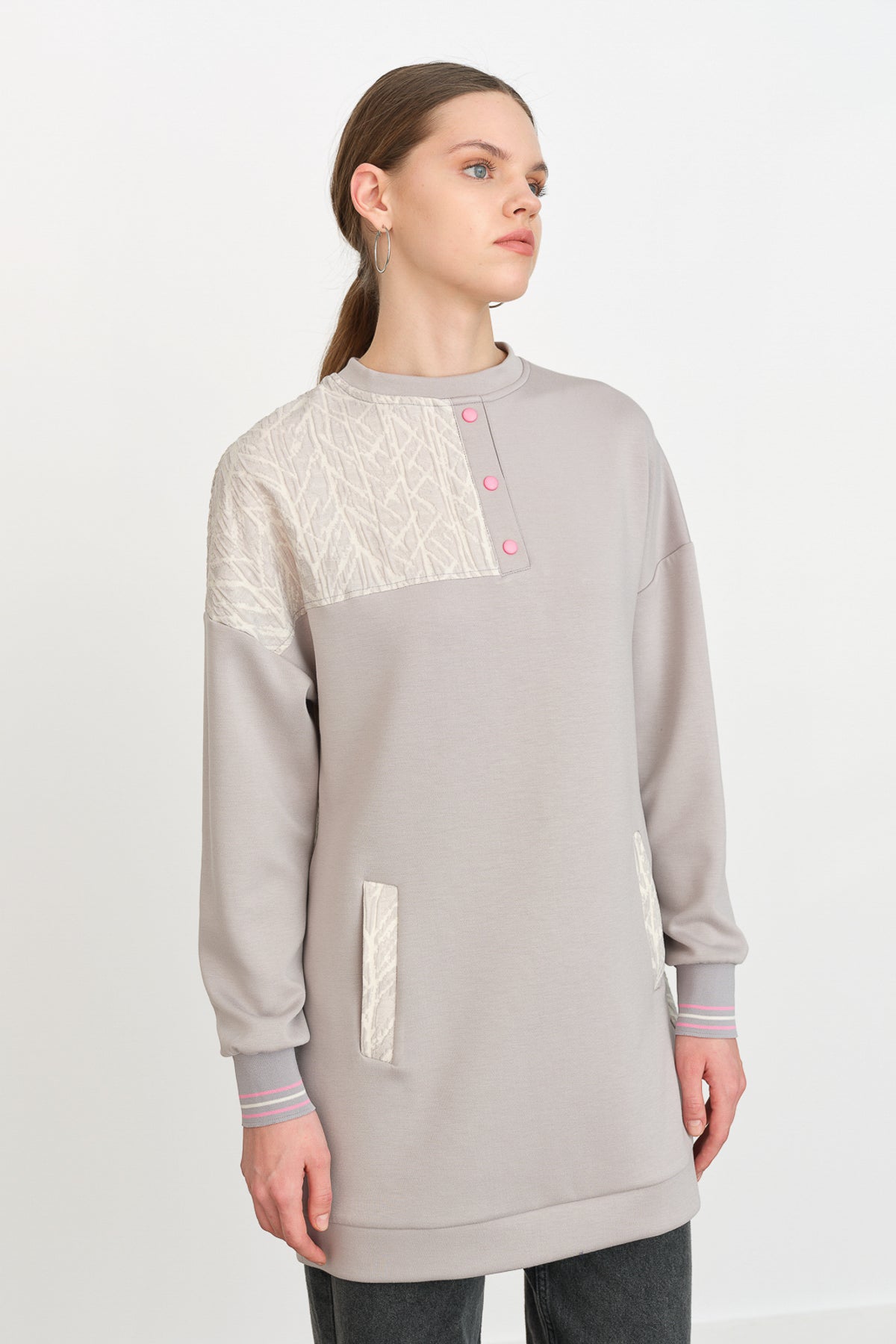 Ribana Detaylı Kumaş Garnili Örme Sweat - Gri
