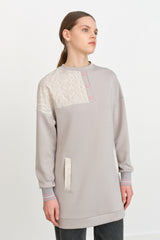 Ribbed Detail Fabric Trim Knitted Sweatshirt - Grey