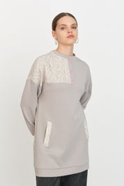 Ribbed Detail Fabric Trim Knitted Sweatshirt - Grey