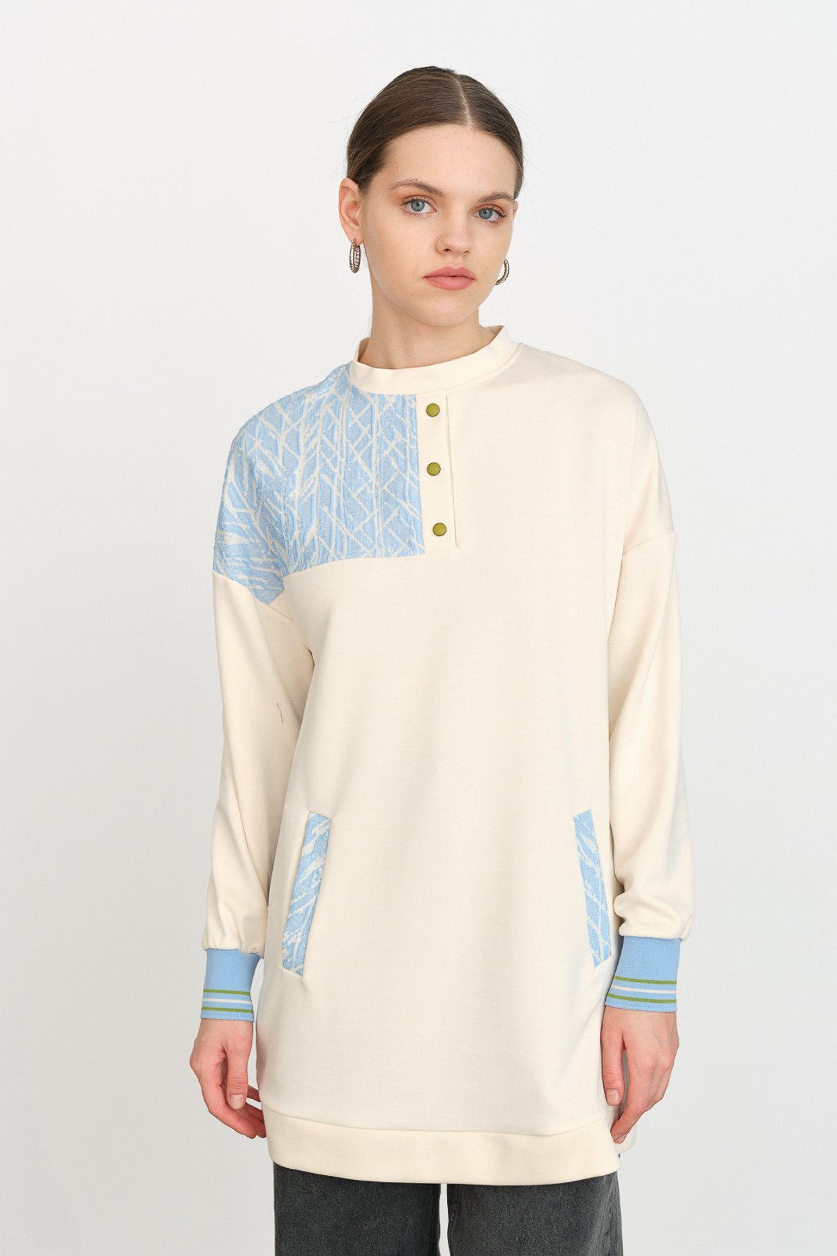 Ribana Detaylı Kumaş Garnili Örme Sweat - Mavi