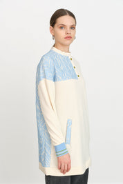 Ribbed Detail Fabric Trimmed Knitted Sweatshirt - Blue