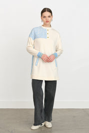 Ribbed Detail Fabric Trimmed Knitted Sweatshirt - Blue