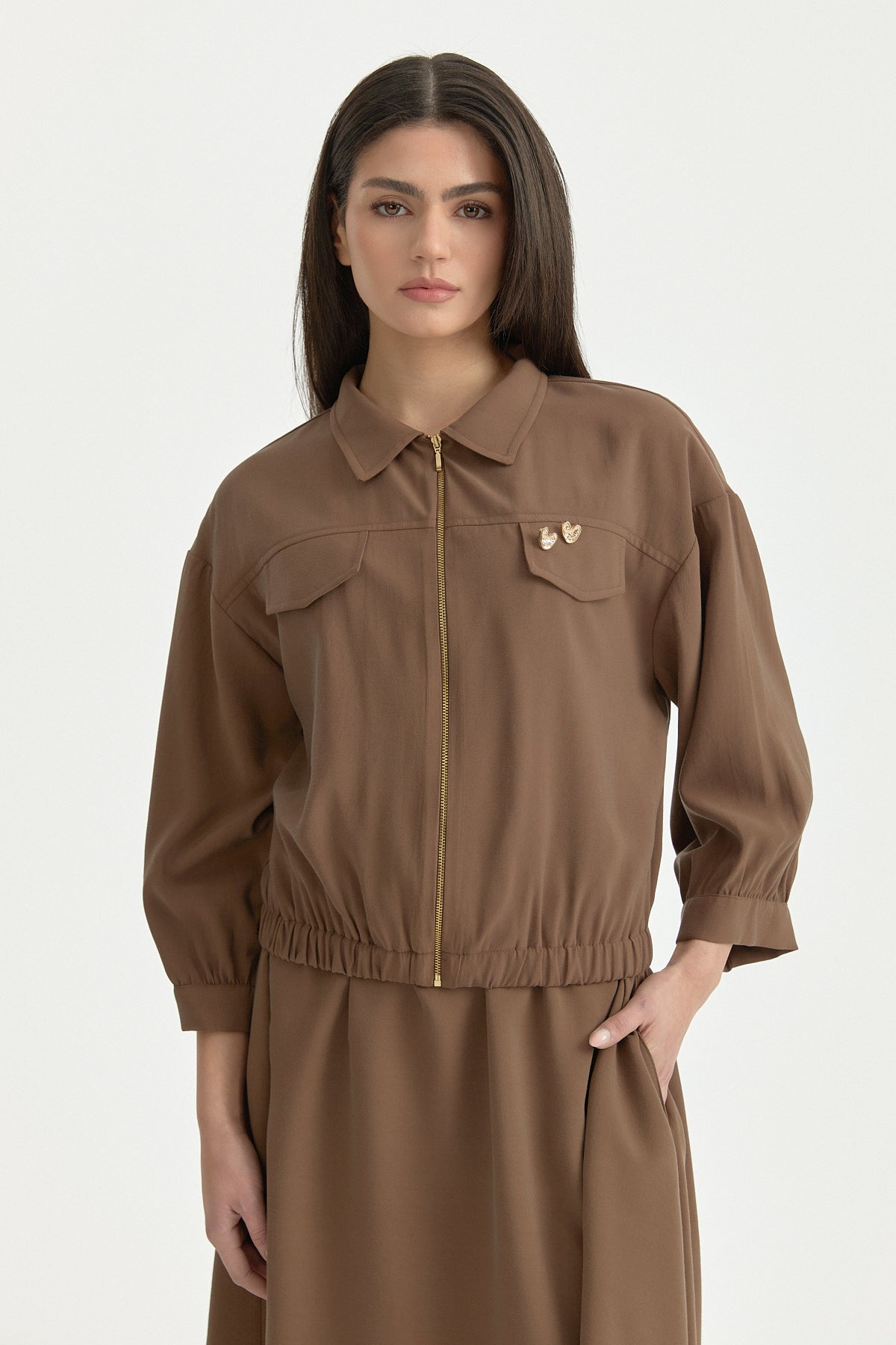 Gathered Waist Lyocell Jacket with Yoke - Brown