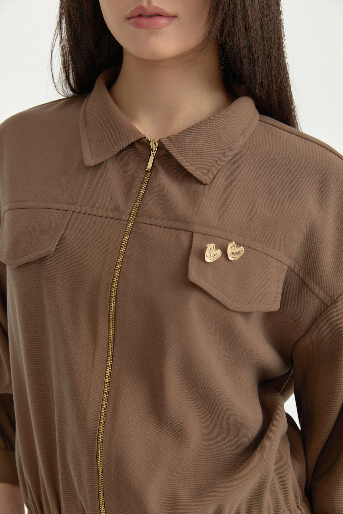 Gathered Waist Lyocell Jacket with Yoke - Brown