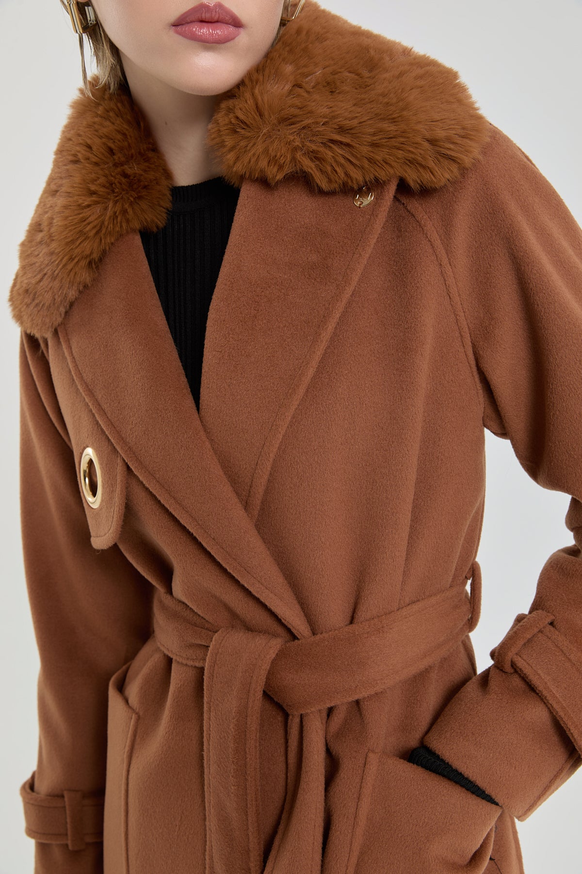 Windbreaker Coat with Fur Collar - Tan