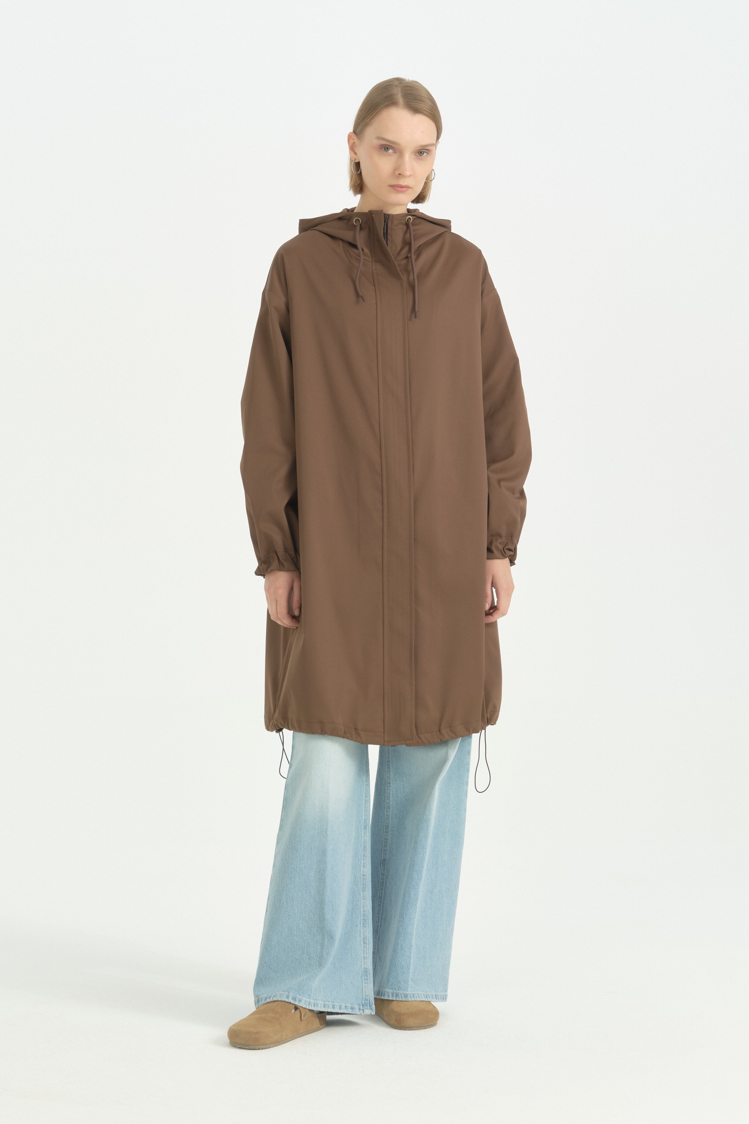 Sabit Kapüşonlu Oversize Yağmurluk - Kahve