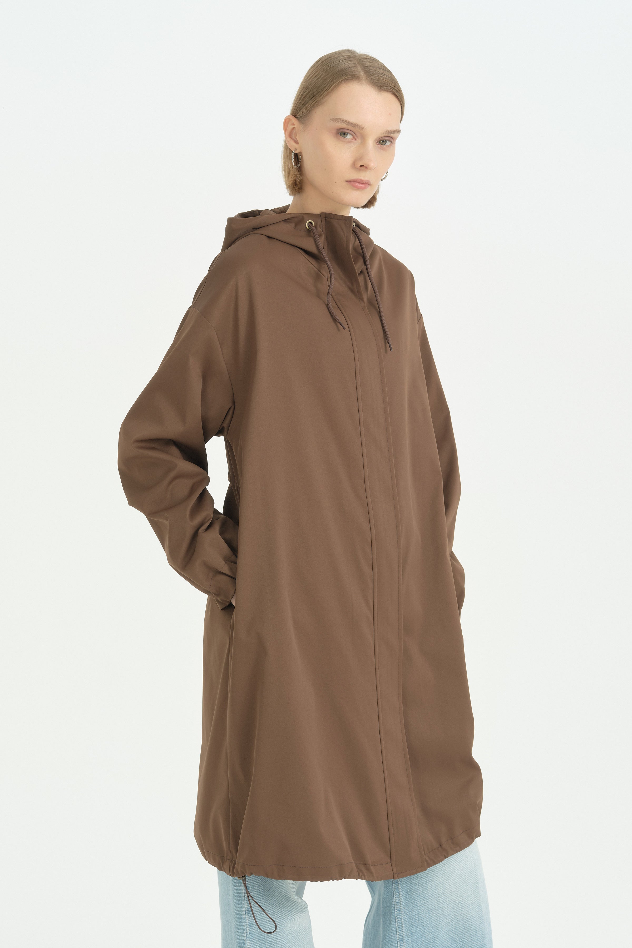 Sabit Kapüşonlu Oversize Yağmurluk - Kahve