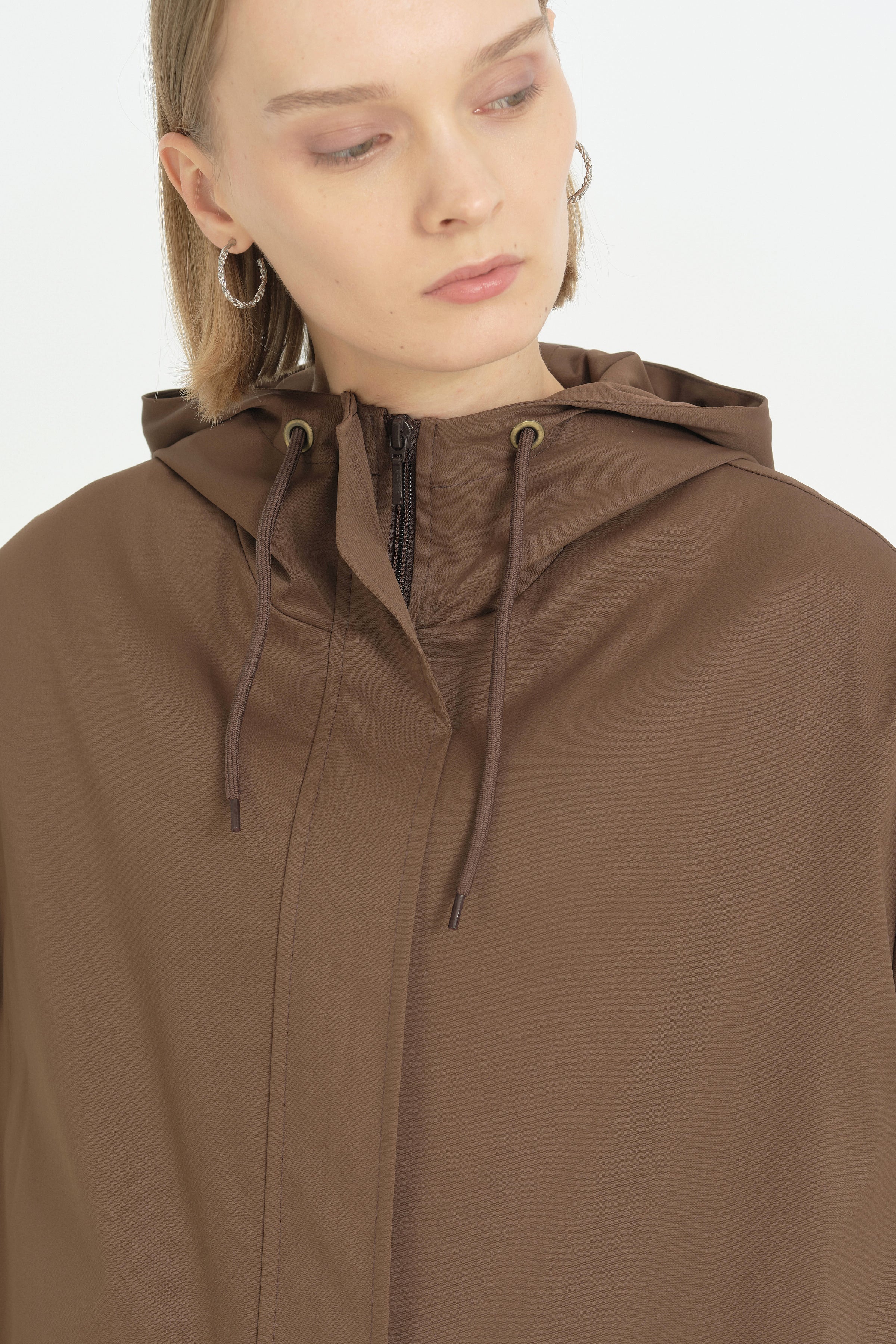 Sabit Kapüşonlu Oversize Yağmurluk - Kahve