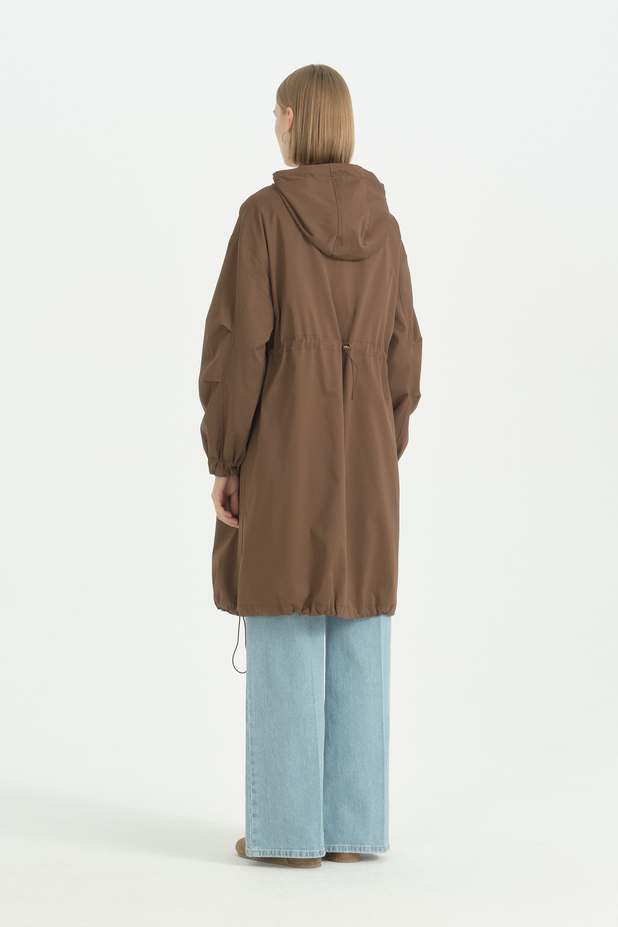 Sabit Kapüşonlu Oversize Yağmurluk - Kahve