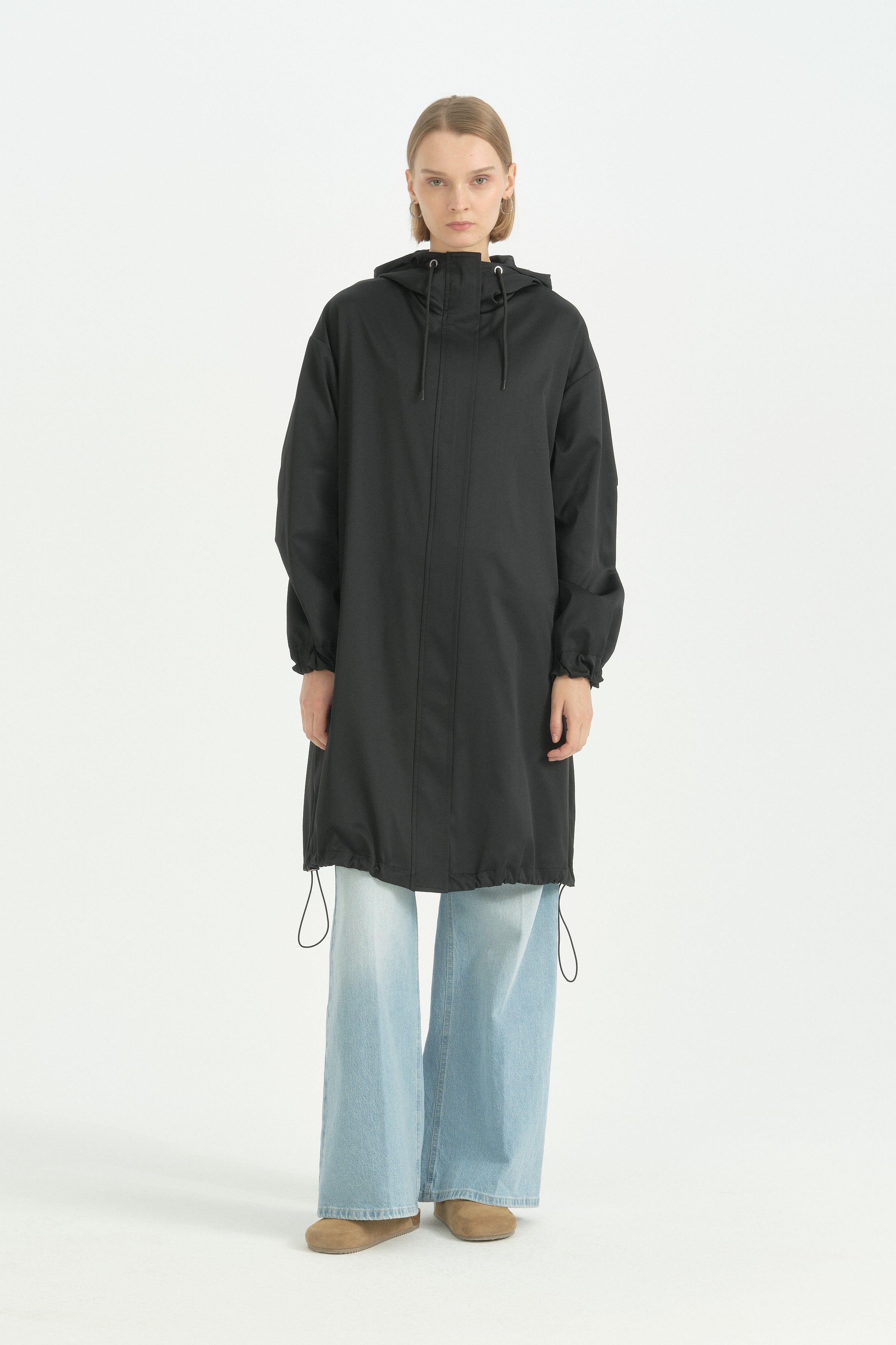 Sabit Kapüşonlu Oversize Yağmurluk - Siyah