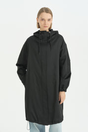 Sabit Kapüşonlu Oversize Yağmurluk - Siyah