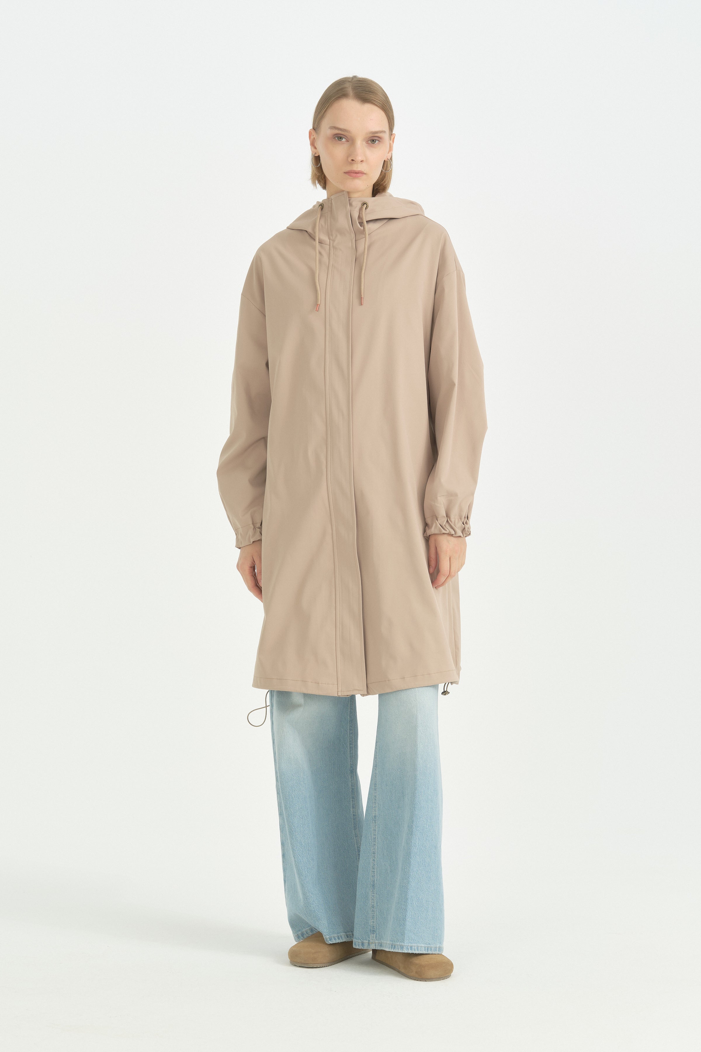 Sabit Kapüşonlu Oversize Yağmurluk - Vizon