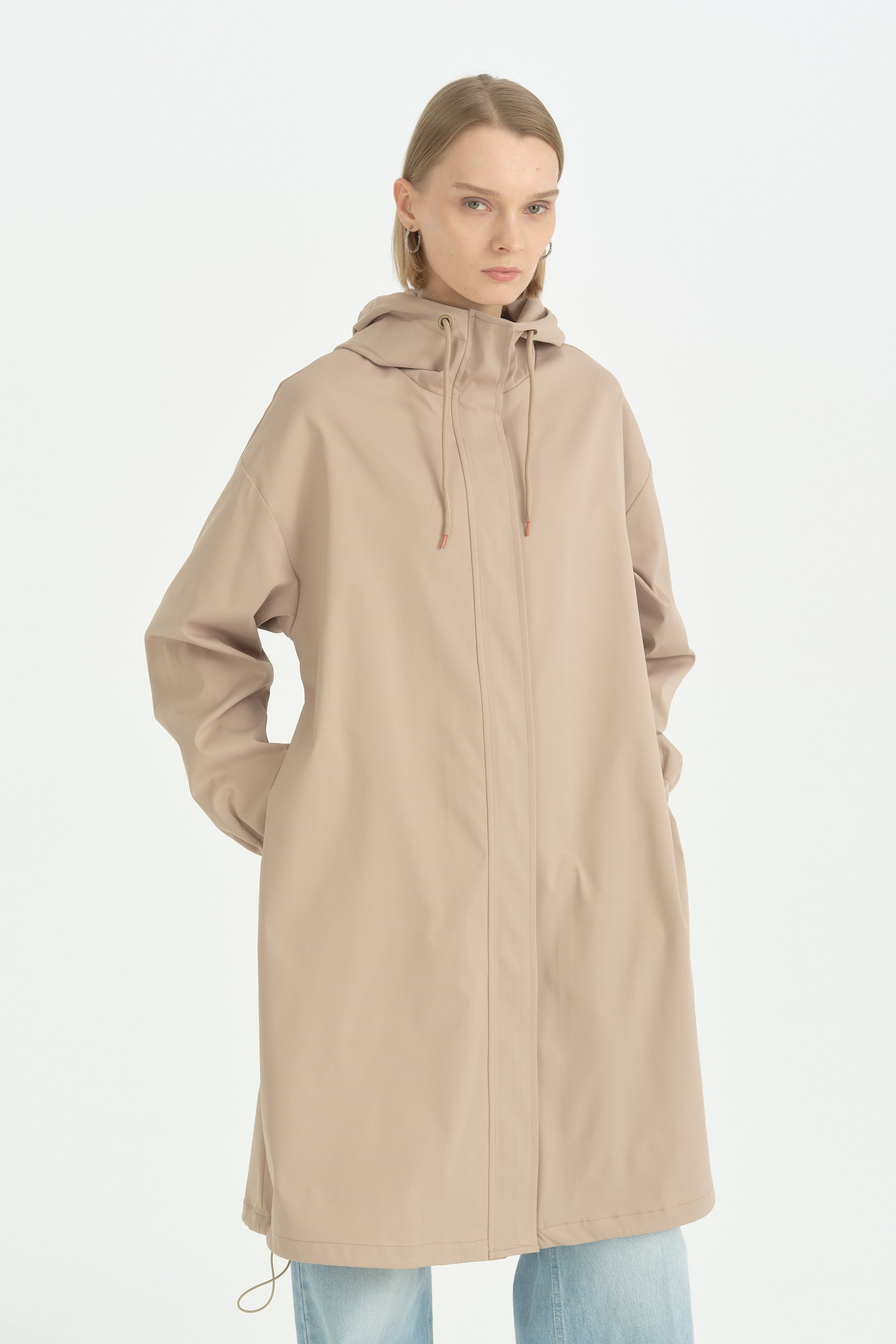 Sabit Kapüşonlu Oversize Yağmurluk - Vizon