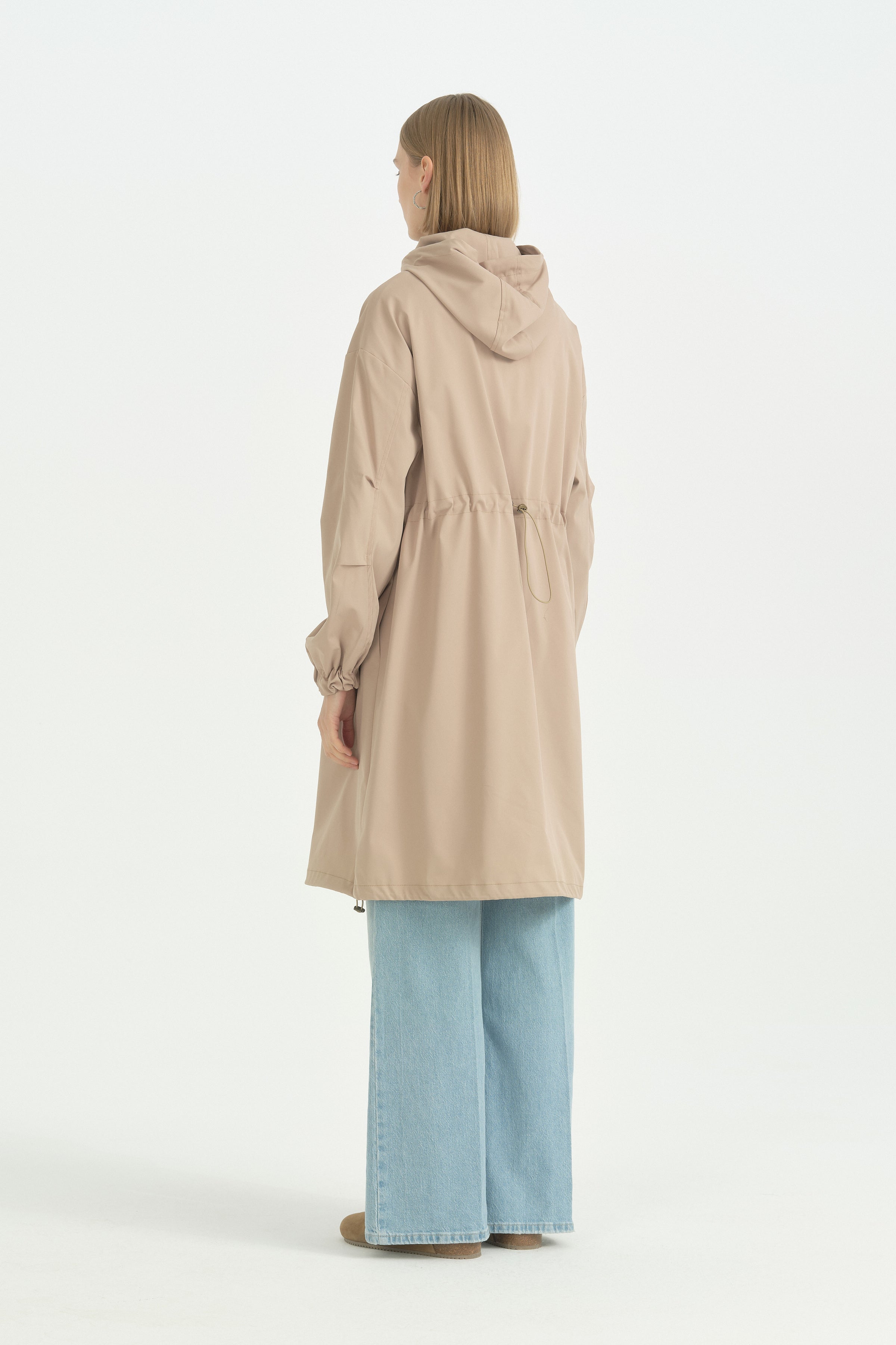 Sabit Kapüşonlu Oversize Yağmurluk - Vizon