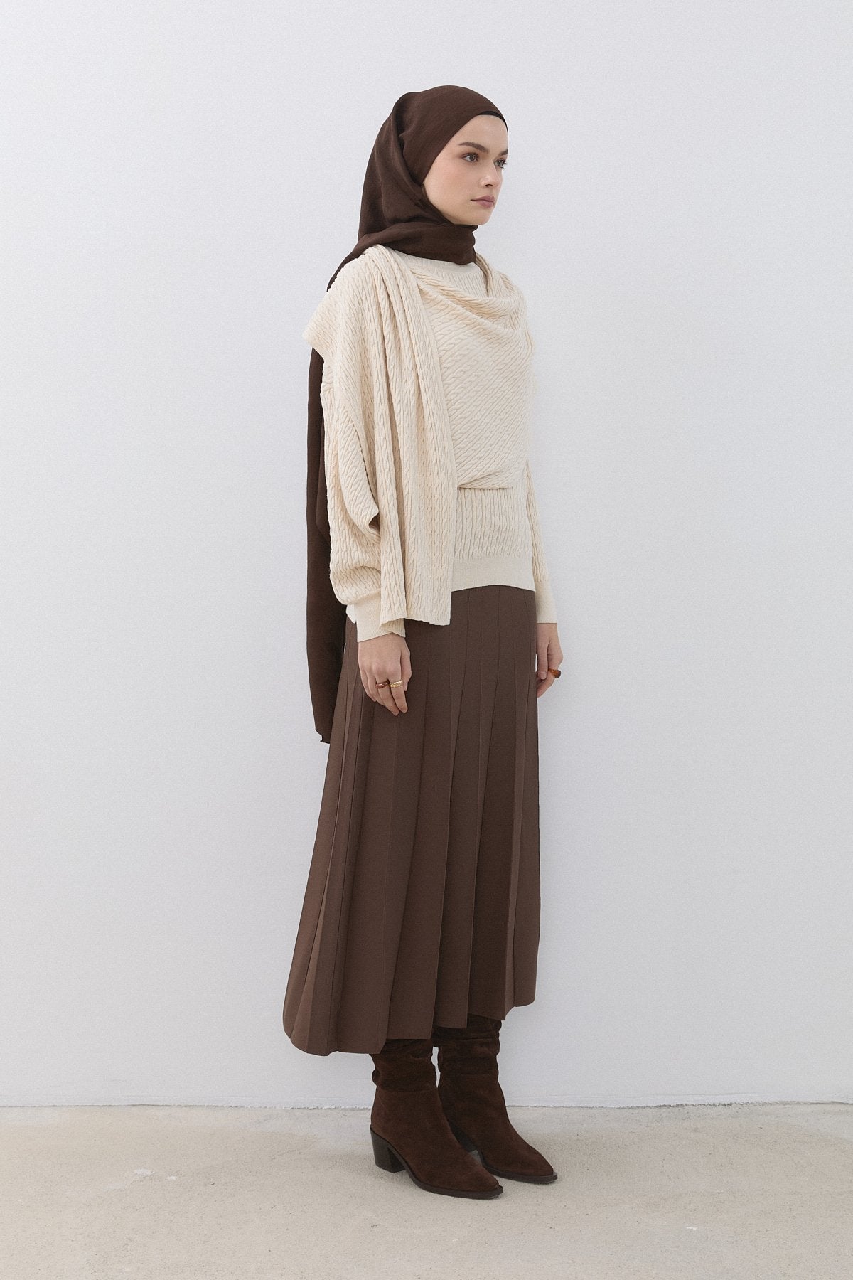 Hair Braid Patterned Shawl Detail Knitted Tunic - Vanilla