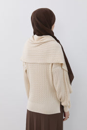 Hair Braid Patterned Shawl Detail Knitted Tunic - Vanilla