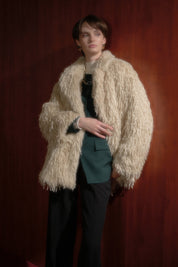 Fringed Faux Fur Coat - Beige