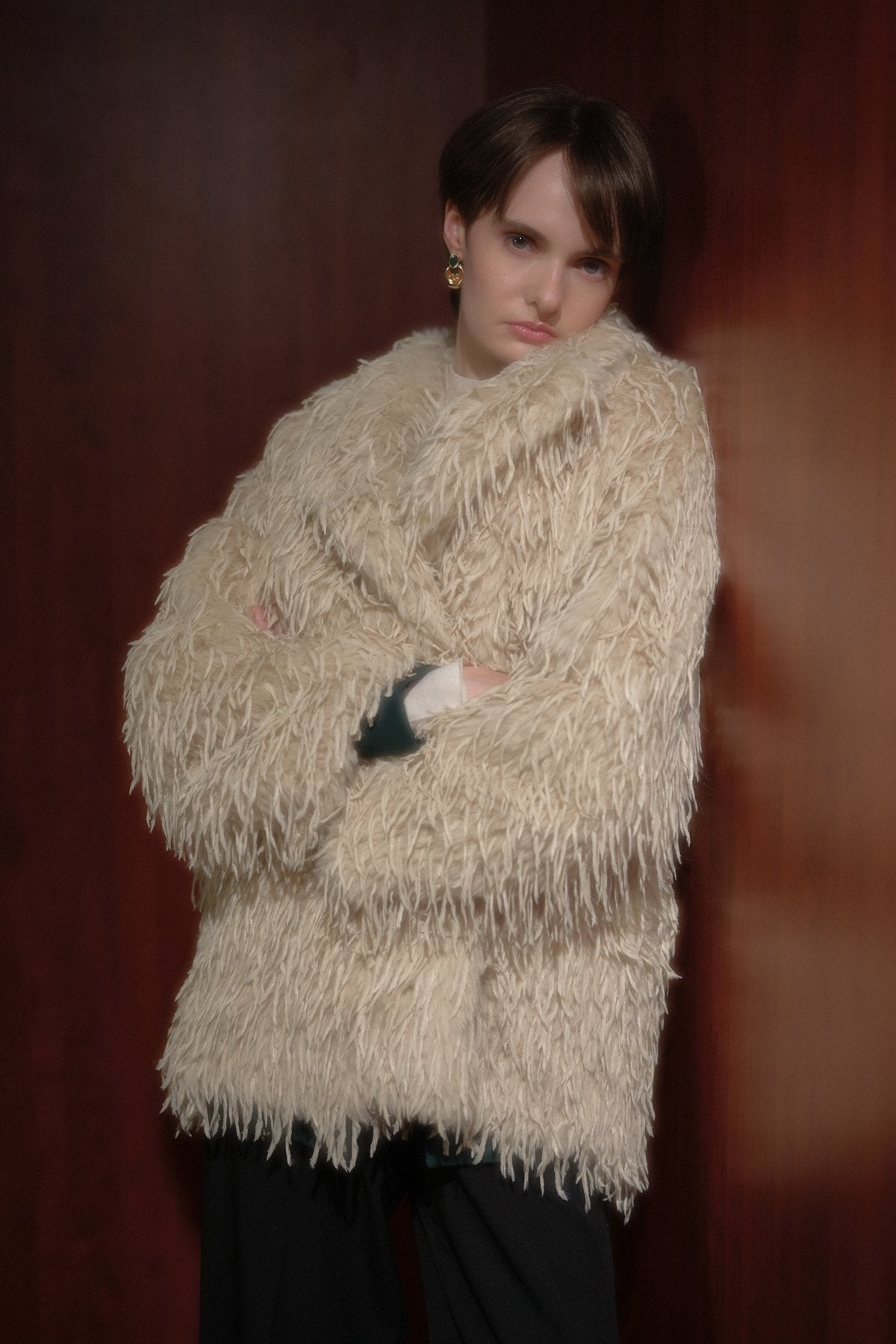 Fringed Faux Fur Coat - Beige