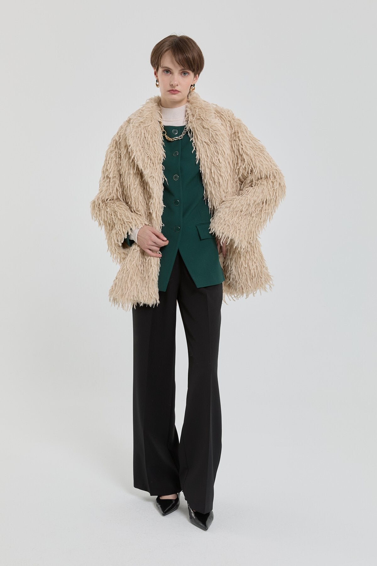 Fringed Faux Fur Coat - Beige