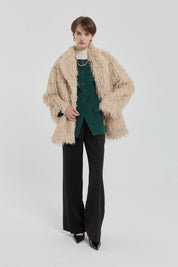 Fringed Faux Fur Coat - Beige