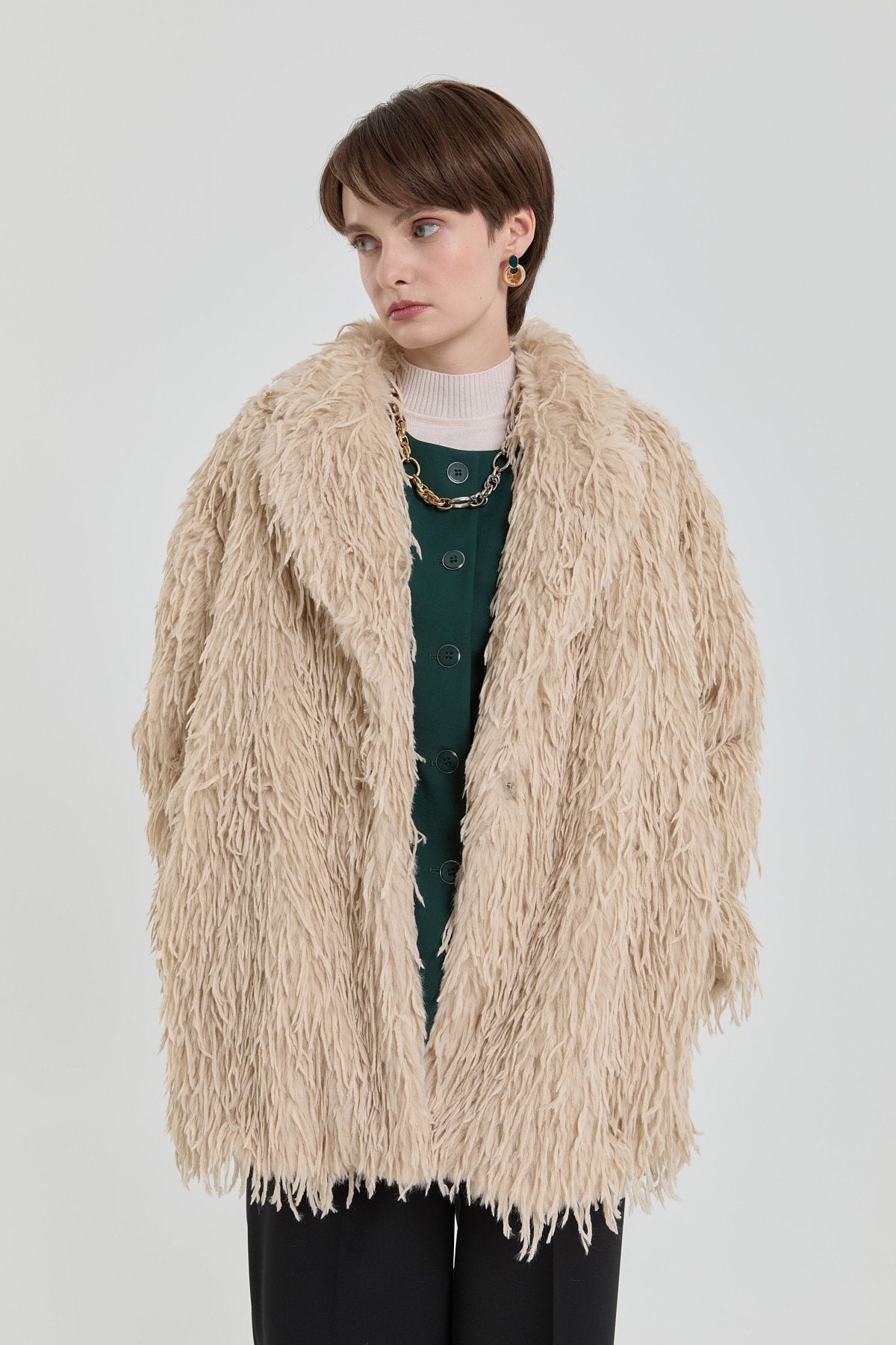 Fringed Faux Fur Coat - Beige