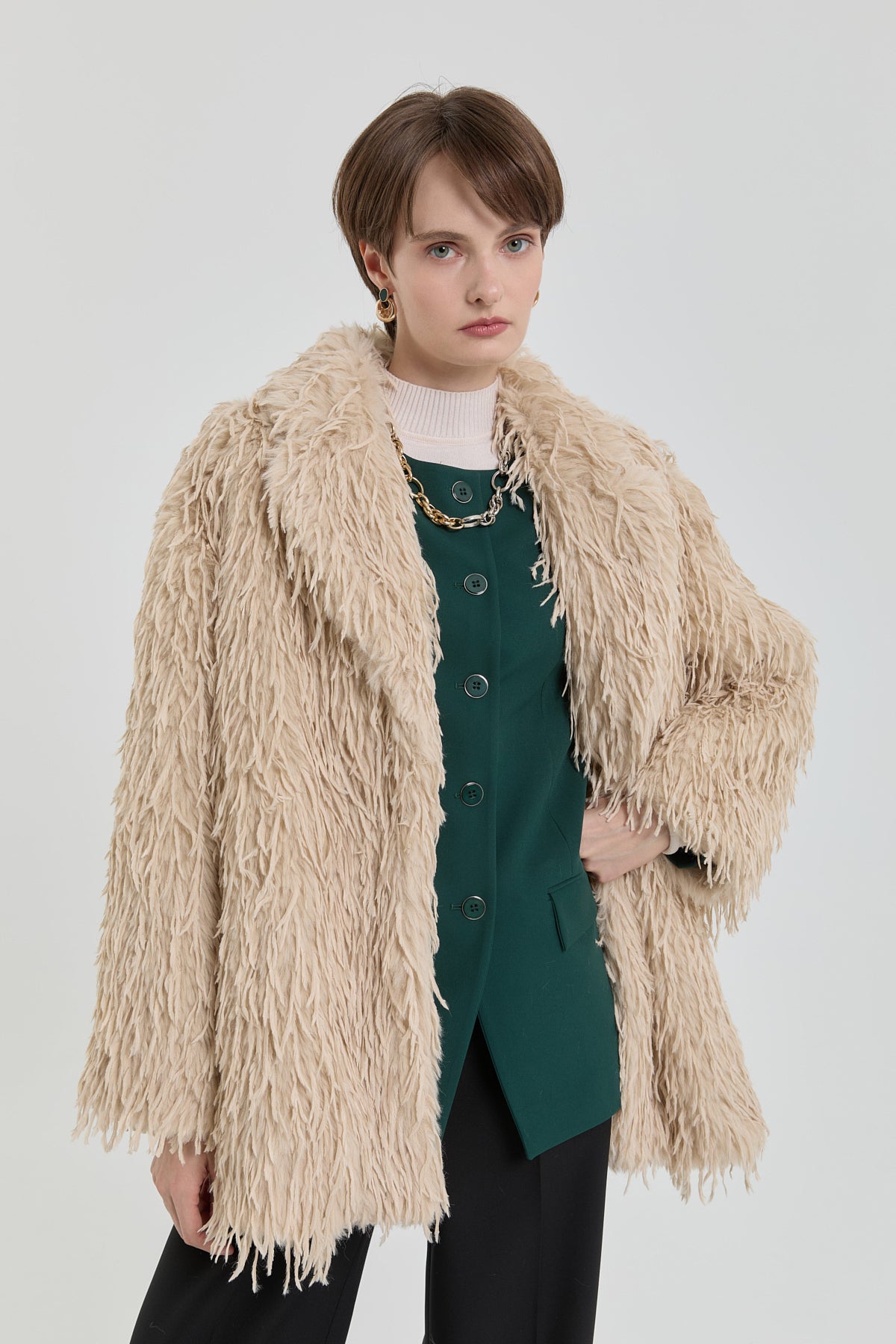 Fringed Faux Fur Coat - Beige