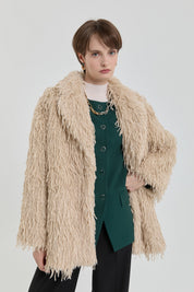 Fringed Faux Fur Coat - Beige