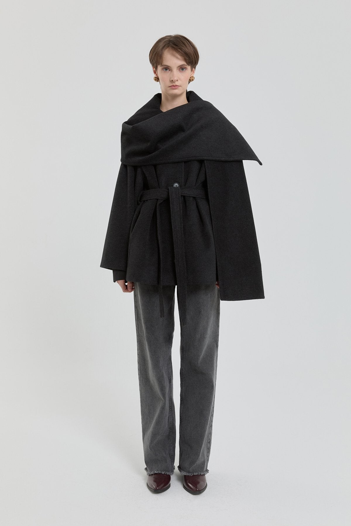 Shawl Collar Buttoned Coat - Dark Gray