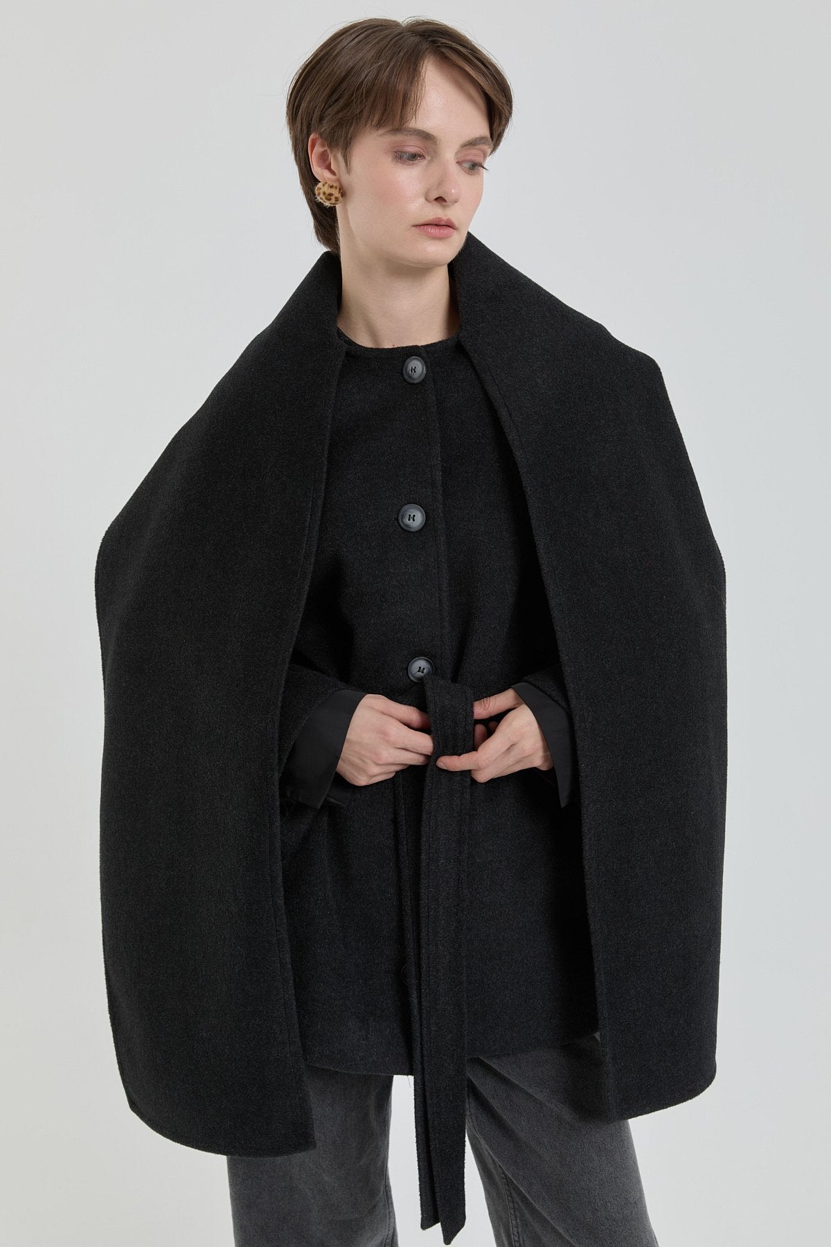 Shawl Collar Buttoned Coat - Dark Gray