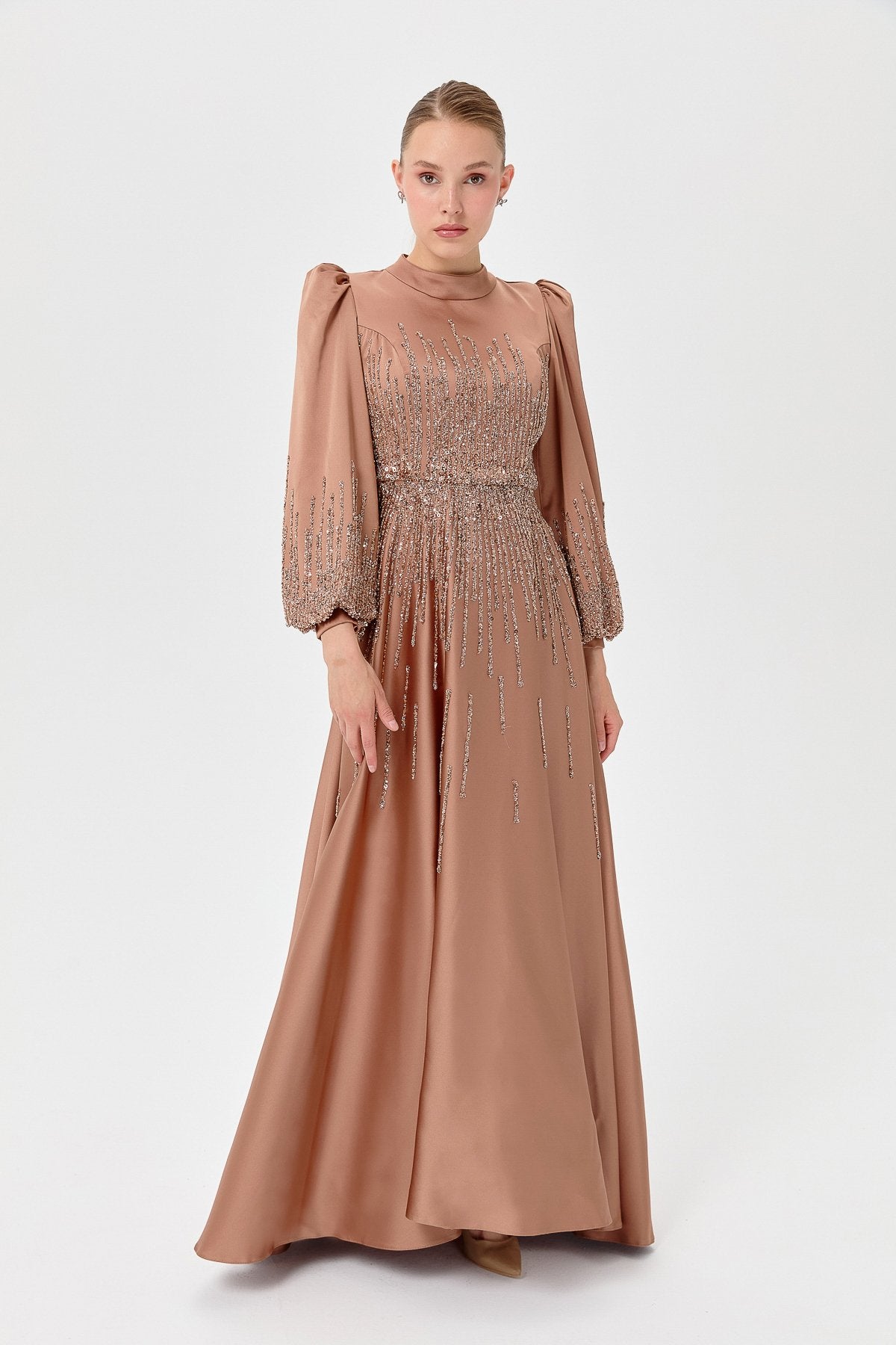 Saten Taşlı  Abiye - Bronz